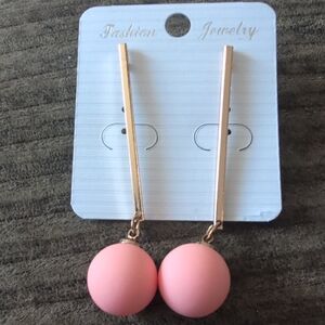 Pink Ball Drop Earrings Gold Tone Bar Dangle Minimalist Lightweight Fashion